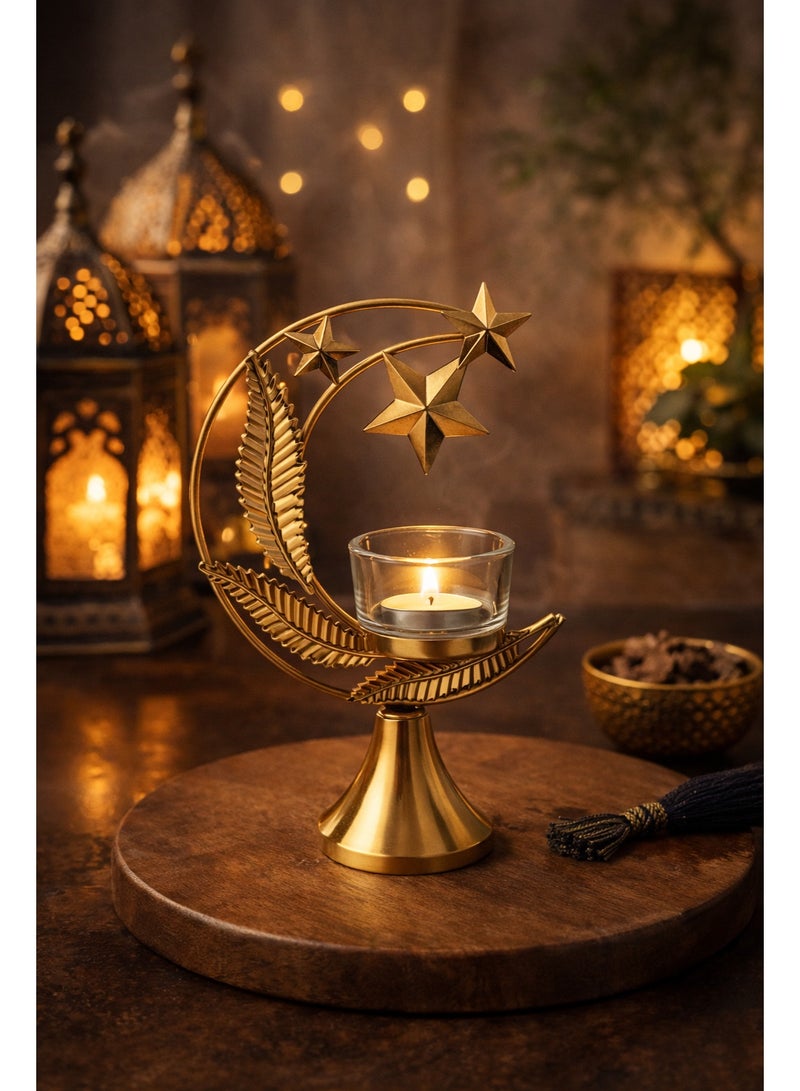 Metal Decorative Bakhoor Burner With Glass Holder – Crescent & Stars Design – Ramadan & Home Decor – Height 20 Cm (6.5 × 6.5 Cm Base – 15 Cm Top Width) - Image 3